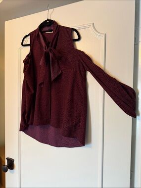 French Connection Burgundy Cold-Shoulder Tie-Neck Blouse